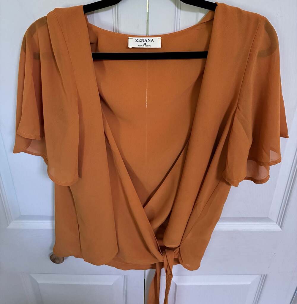 Zenana Rust Flutter Sleeve Chiffon Wrap Blouse